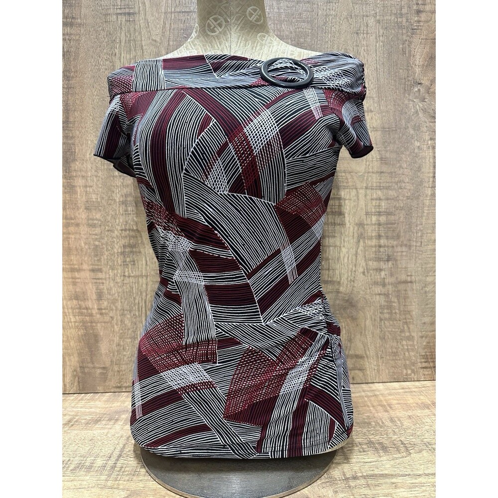 Byerwear 90s Y2K women top M flutter sleeve black burgundy geometric pattern